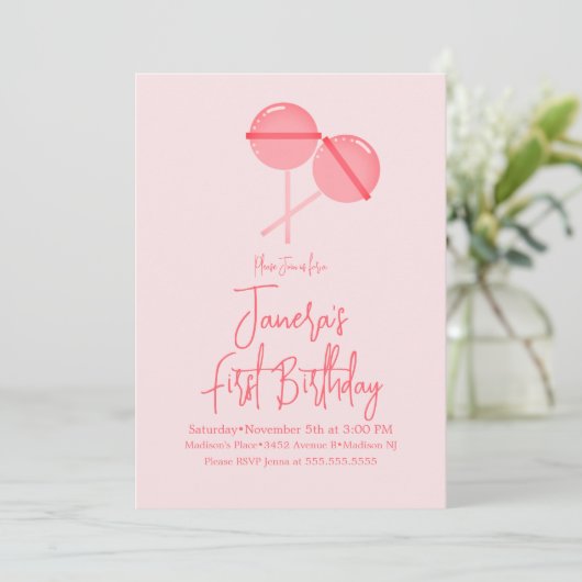 ピンク棒つきキャンデーキャンディバーファースト誕生日招待状 招待状 (スタンド正面)