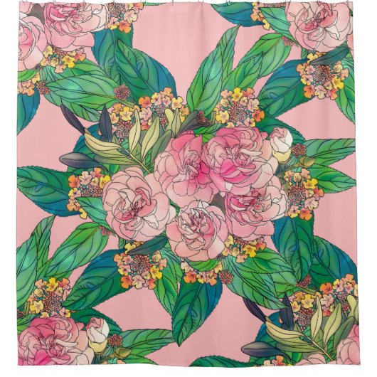 ピンク水ガーリー色フローラハンド シャワーカーテン (正面)