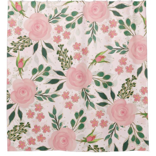 ピンク水彩バラ金ゴールド輪郭デザイン シャワーカーテン (正面)