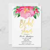 ピンク水彩フラワーフローラ金ゴールドブライダルシャワー 招待状 (正面)