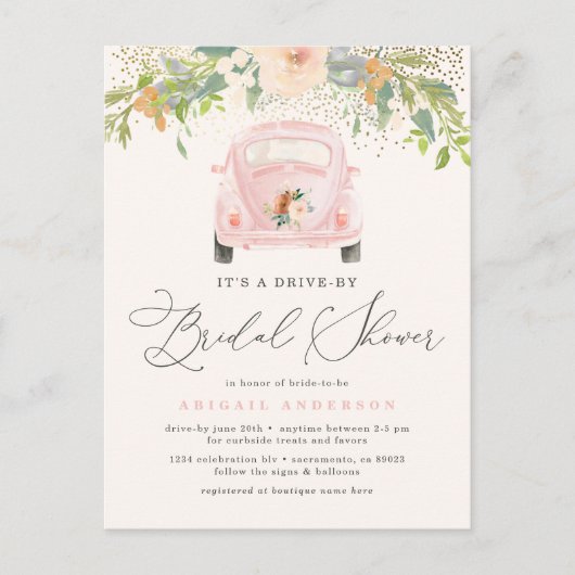 ピンク水彩フローラドライブバイブライダルシャワー インビテーションポストカード (正面)