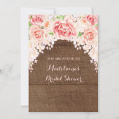 ピンク水彩フローラブラウンウッドブライダルシャワー 招待状 (正面)