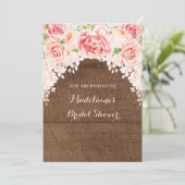 ピンク水彩フローラブラウンウッドブライダルシャワー 招待状 (スタンド正面)