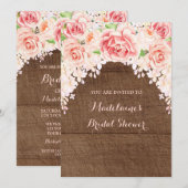 ピンク水彩フローラブラウンウッドブライダルシャワー 招待状 (正面/裏面)