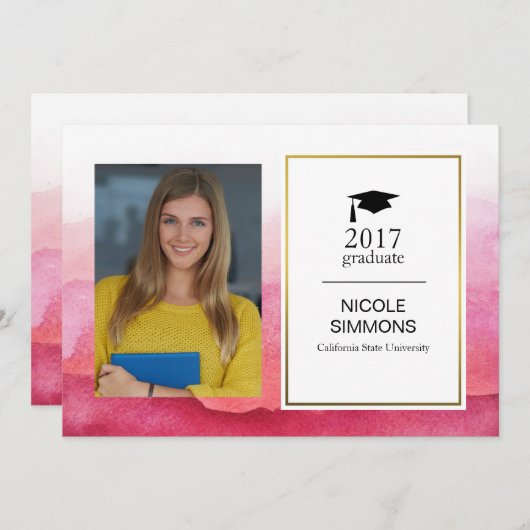 ピンク水彩大学院フォトカード 招待状 (正面/裏面)