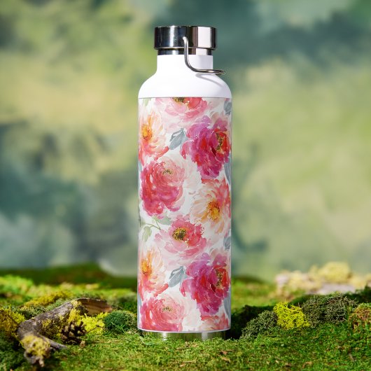 ピンク水彩牡丹の花模様 ウォーターボトル (アウトドア)