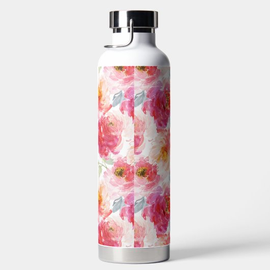 ピンク水彩牡丹の花模様 ウォーターボトル (右面)