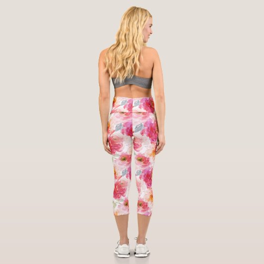 ピンク水彩牡丹の花模様 カプリレギンス (裏面)