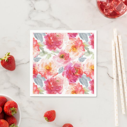ピンク水彩牡丹の花模様 スタンダードカクテルナプキン (インサイチュ)