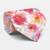 ピンク水彩牡丹の花模様 ネクタイ (ロール)