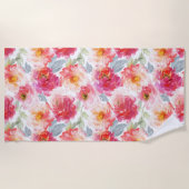 ピンク水彩牡丹の花模様 ビーチタオル (正面)