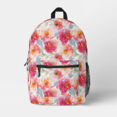 ピンク水彩牡丹の花模様 プリントバックパック (正面)