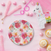 ピンク水彩牡丹の花模様 ペーパープレート (パーティー)