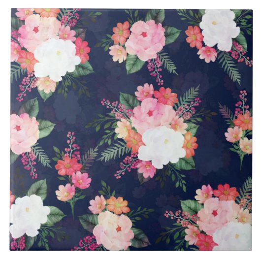 ピンク水彩花ブルーデザイン タイル (正面)