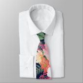 ピンク水彩花ブルーデザイン ネクタイ (タイ)