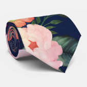 ピンク水彩花ブルーデザイン ネクタイ (ロール)