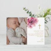 ピンク水彩花写真バプテスマ《キリスト教》洗礼式や命名式 サンキューカード (スタンド正面)
