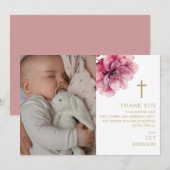ピンク水彩花写真バプテスマ《キリスト教》洗礼式や命名式 サンキューカード (正面/裏面)