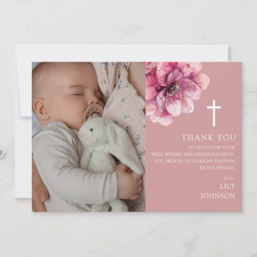ピンク水彩花写真バプテスマ《キリスト教》洗礼式や命名式 サンキューカード (正面)