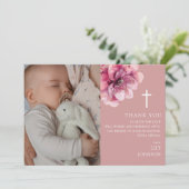 ピンク水彩花写真バプテスマ《キリスト教》洗礼式や命名式 サンキューカード (スタンド正面)