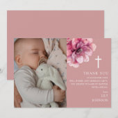 ピンク水彩花写真バプテスマ《キリスト教》洗礼式や命名式 サンキューカード (正面/裏面)
