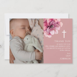 ピンク水彩花写真バプテスマ《キリスト教》洗礼式や命名式 サンキューカード