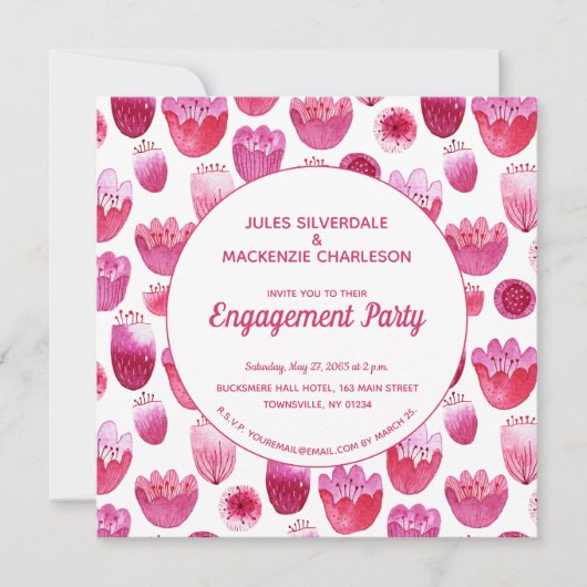ピンク水彩花模様婚約パーティ 招待状 (正面)