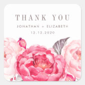 ピンク水彩花結婚式の引き出物ステッ感謝していク スクエアシール (正面)