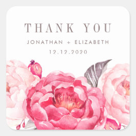 ピンク水彩花結婚式の引き出物ステッ感謝していク スクエアシール