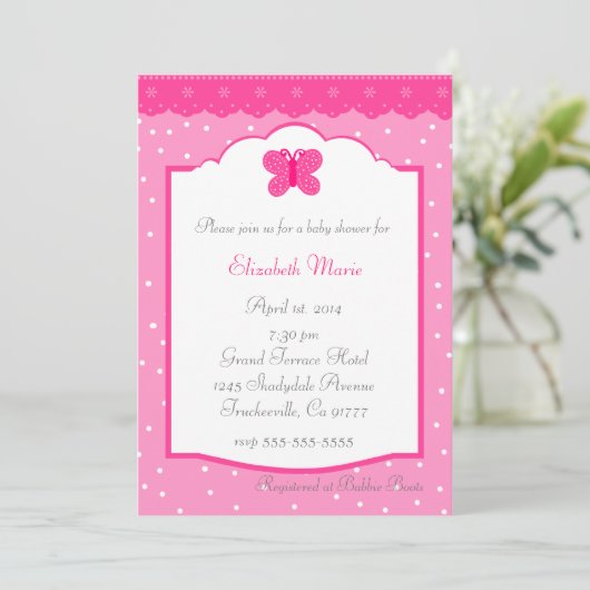 ピンク水玉模様とバタフお洒落ライのベビーシャワー 招待状 (スタンド正面)