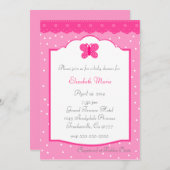 ピンク水玉模様とバタフお洒落ライのベビーシャワー 招待状 (正面/裏面)