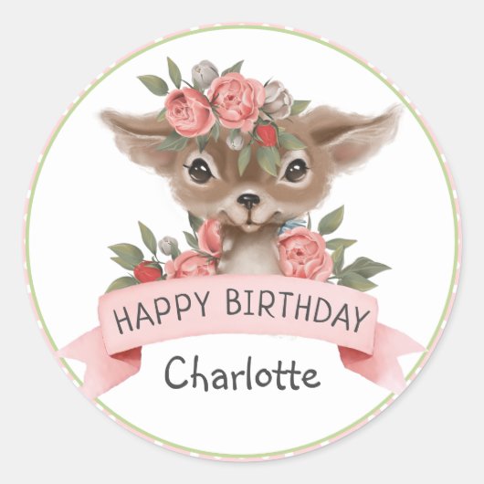 ピンク水玉模様ウッドランドディアー誕生日for Girl ラウンドシール (正面)