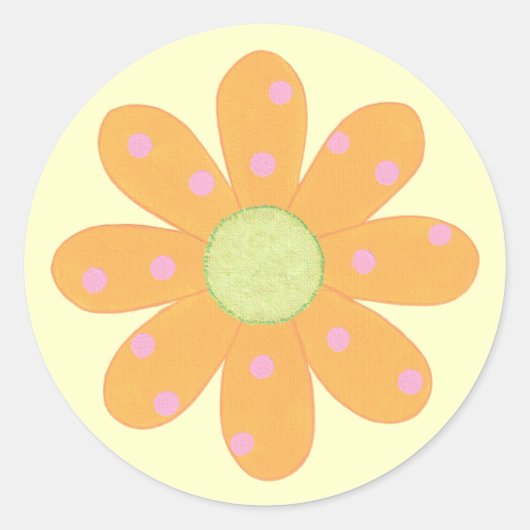 ピンク水玉模様オンイエローオレンジの花のシール ラウンドシール (正面)