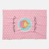 ピンク水玉模様カップケーキキッチンパーソナライズされた キッチンタオル (横)