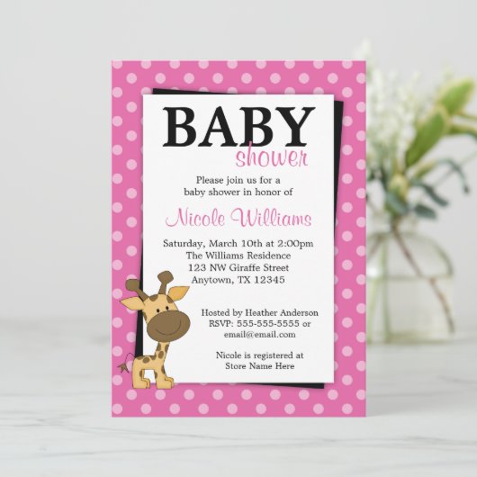ピンク水玉模様キリンベビーシャワー招待状 招待状 (スタンド正面)