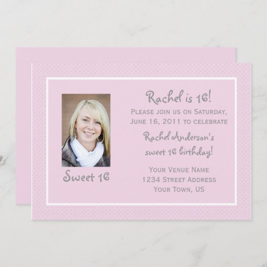 ピンク水玉模様スイート16誕生日招待状 招待状 (正面/裏面)