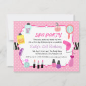 ピンク水玉模様スパ誕生日パーティーの招待 招待状 (正面)