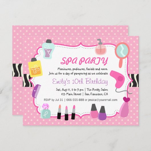 ピンク水玉模様スパ誕生日パーティーの招待 招待状 (正面/裏面)