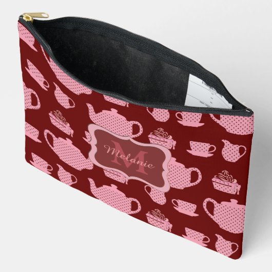 ピンク水玉模様ティーセットブルゴーニュパーソナライズされた アクセサリーポーチ (見開き)