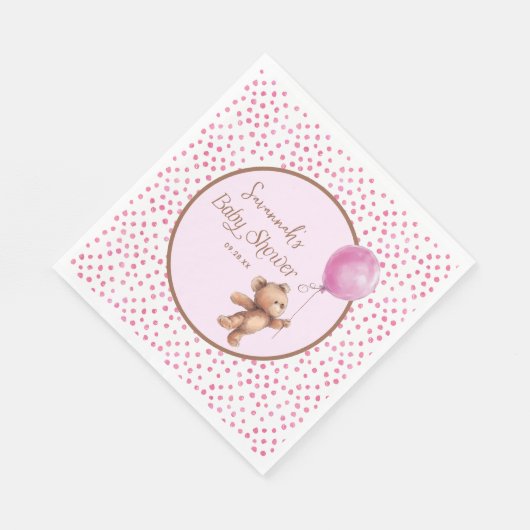 ピンク水玉模様テディベアバルーンベビーシャワー スタンダードランチョンナプキン (角)