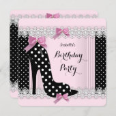 ピンク水玉模様ハイヒールバースデーパーティー 招待状 (正面/裏面)