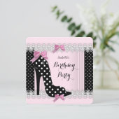 ピンク水玉模様ハイヒールバースデーパーティー 招待状 (スタンド正面)
