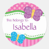 ピンク水玉模様バタフライ新学期シール ラウンドシール (正面)