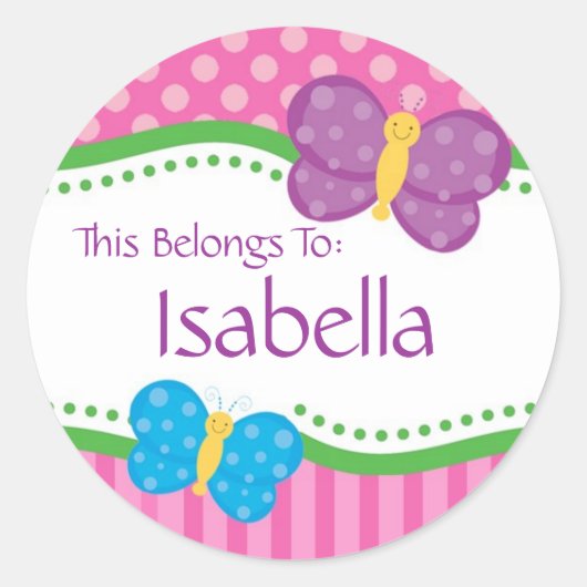 ピンク水玉模様バタフライ新学期シール ラウンドシール (正面)