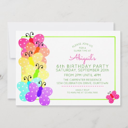 ピンク水玉模様バタフライ誕生日招待状 招待状 (正面)