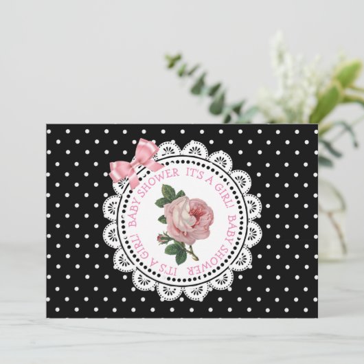 ピンク水玉模様バラガールズベビーシャワー招待状 招待状 (スタンド正面)