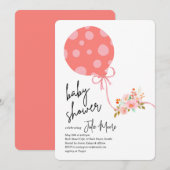 ピンク水玉模様バルーン花赤ちゃんシャワー 招待状 (正面/裏面)