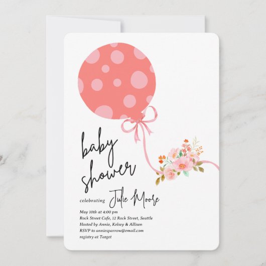 ピンク水玉模様バルーン花赤ちゃんシャワー 招待状 (正面)
