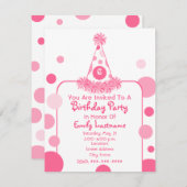 ピンク水玉模様バースデーパーティーハット招待状 招待状 (正面/裏面)