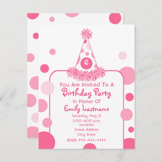 ピンク水玉模様バースデーパーティーハット招待状 招待状 (正面/裏面)